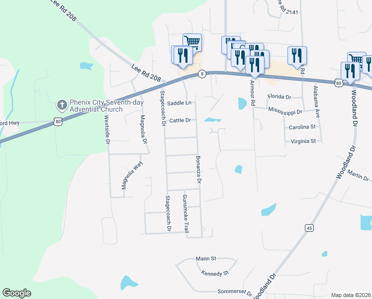 map of restaurants, bars, coffee shops, grocery stores, and more near 46 Campfire Street in Phenix City