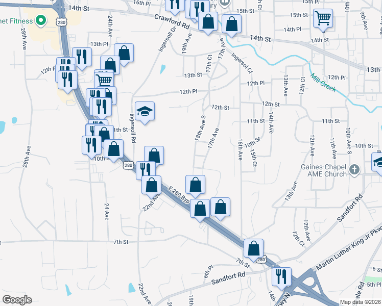 map of restaurants, bars, coffee shops, grocery stores, and more near 1703 10th Street in Phenix City