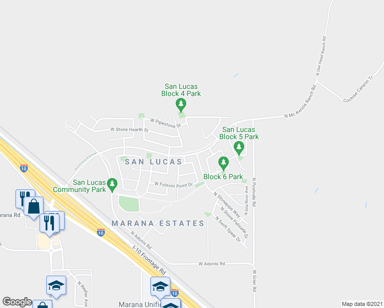 map of restaurants, bars, coffee shops, grocery stores, and more near North Mc Kenzie Ranch Road in Marana