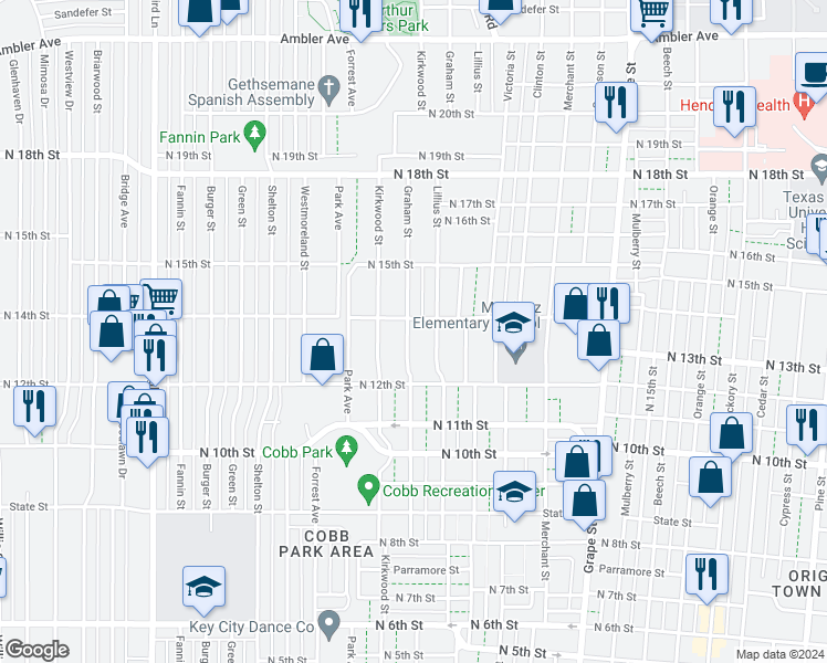 map of restaurants, bars, coffee shops, grocery stores, and more near 1333 Graham Street in Abilene