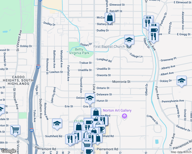 map of restaurants, bars, coffee shops, grocery stores, and more near 763 Oneonta Street in Shreveport