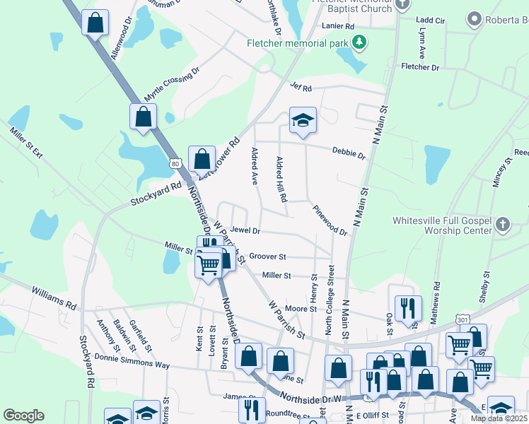 map of restaurants, bars, coffee shops, grocery stores, and more near 216 Ridgewood Drive in Statesboro