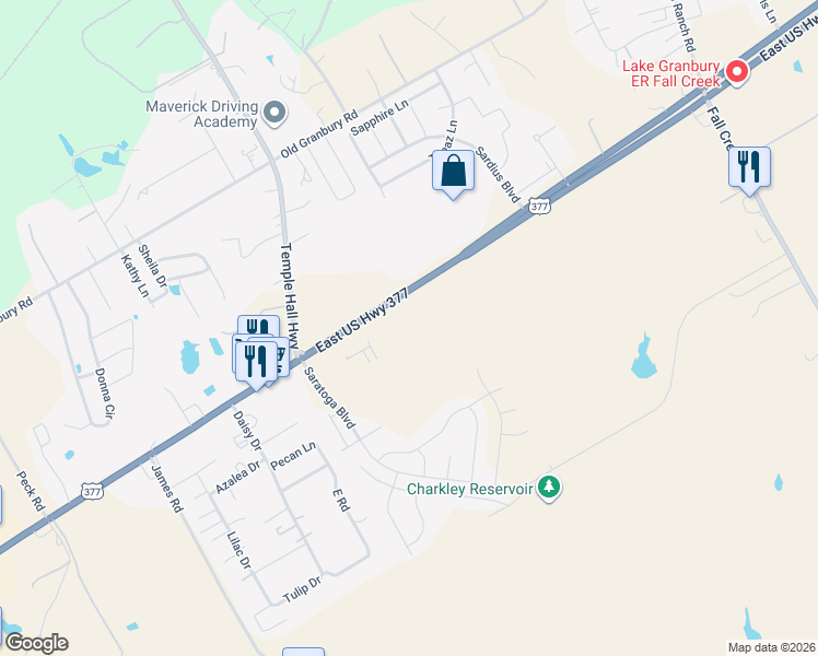 map of restaurants, bars, coffee shops, grocery stores, and more near 4805 East Highway 377 in Granbury