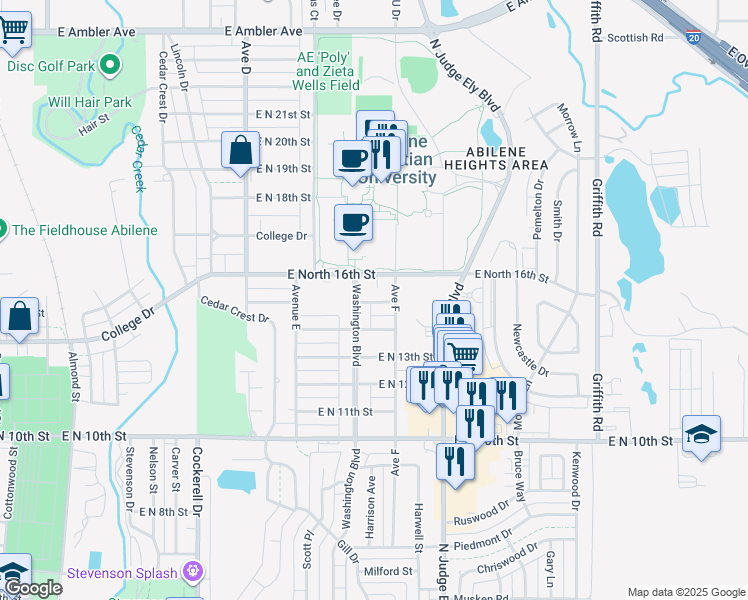 map of restaurants, bars, coffee shops, grocery stores, and more near 1441 Washington Boulevard in Abilene