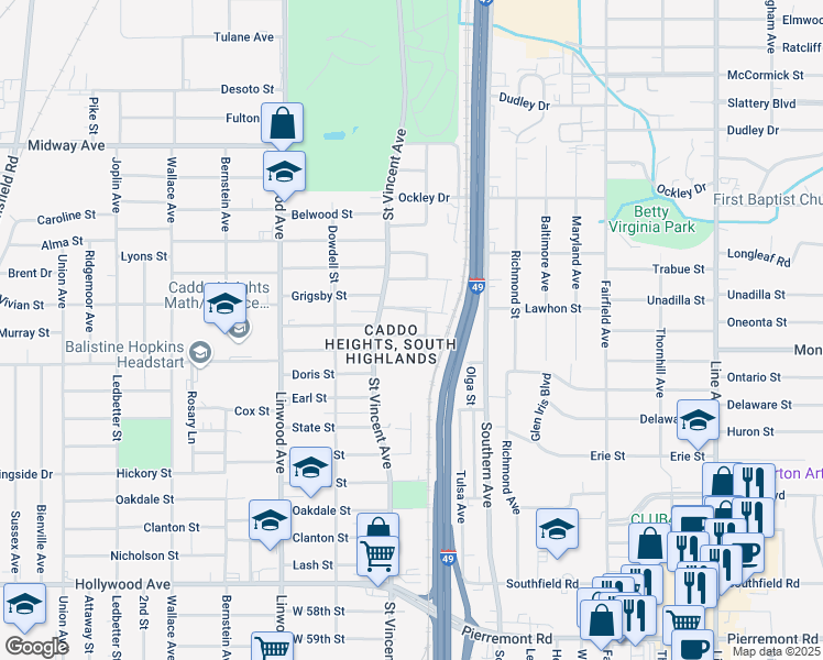 map of restaurants, bars, coffee shops, grocery stores, and more near 1346 Summers Street in Shreveport