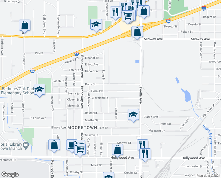 map of restaurants, bars, coffee shops, grocery stores, and more near 3906 Flora Avenue in Shreveport