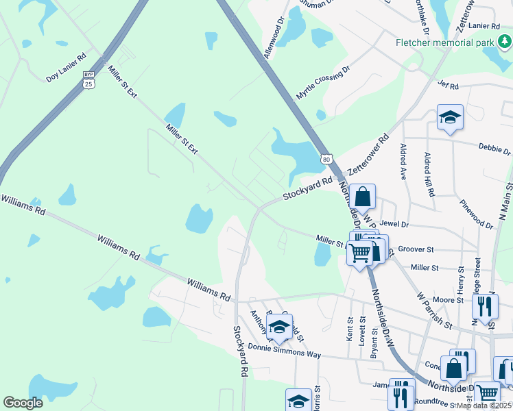 map of restaurants, bars, coffee shops, grocery stores, and more near 301-519 Miller Street Extension in Statesboro
