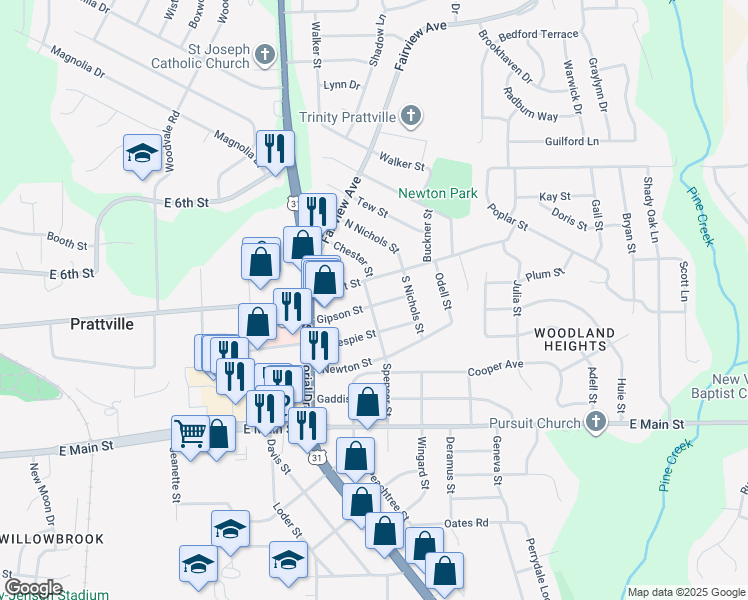 map of restaurants, bars, coffee shops, grocery stores, and more near 1001 Gipson Street in Prattville