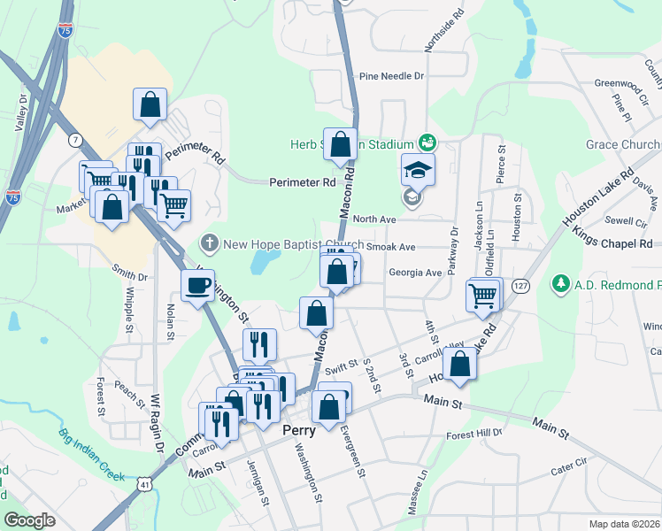 map of restaurants, bars, coffee shops, grocery stores, and more near 1211 Macon Road in Perry