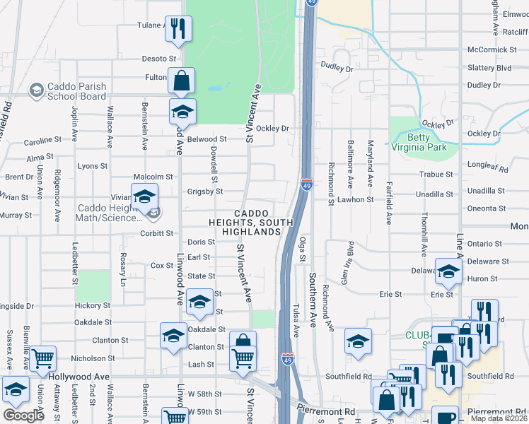 map of restaurants, bars, coffee shops, grocery stores, and more near 1335 Summers Street in Shreveport