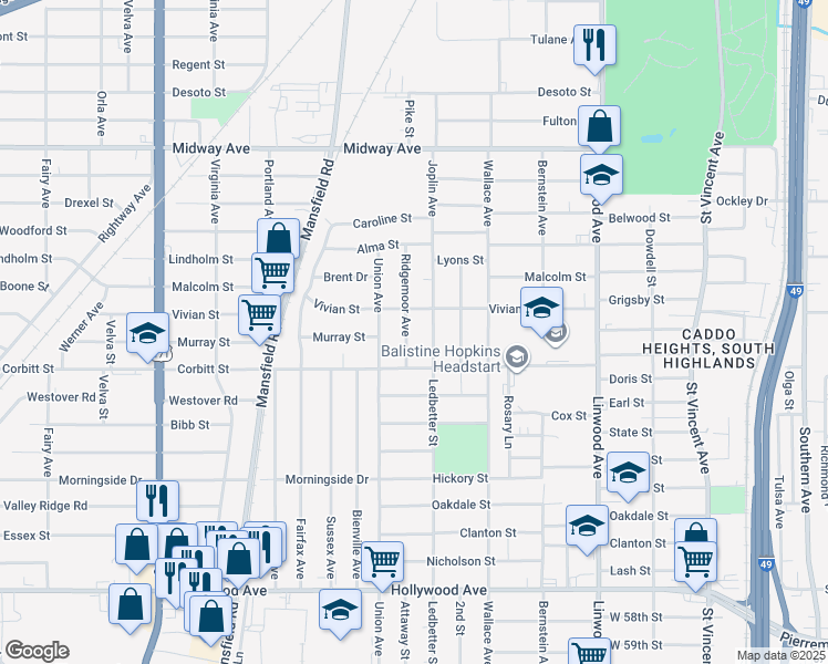 map of restaurants, bars, coffee shops, grocery stores, and more near 4117 Ridgemoor Avenue in Shreveport