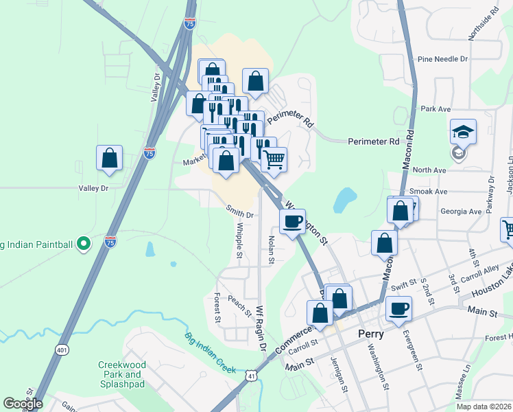 map of restaurants, bars, coffee shops, grocery stores, and more near 1339 Wf Ragin Drive in Perry