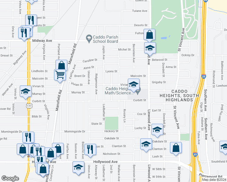 map of restaurants, bars, coffee shops, grocery stores, and more near 4119 Belmont Street in Shreveport