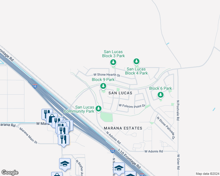 map of restaurants, bars, coffee shops, grocery stores, and more near 11472 West Anasazi Passage Street in Marana