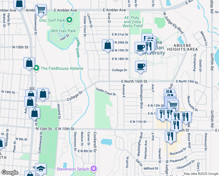 map of restaurants, bars, coffee shops, grocery stores, and more near 1517 Avenue D in Abilene
