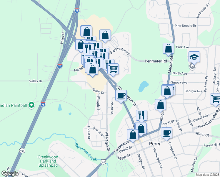 map of restaurants, bars, coffee shops, grocery stores, and more near 1323 Nolan Street in Perry