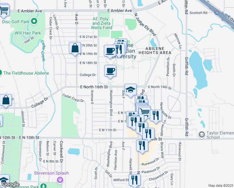 map of restaurants, bars, coffee shops, grocery stores, and more near 826 East North 15th Street in Abilene