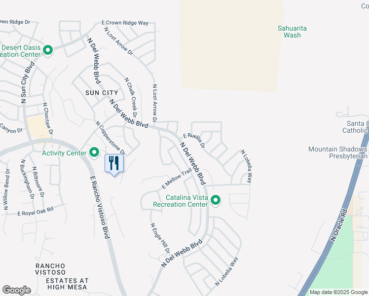 map of restaurants, bars, coffee shops, grocery stores, and more near North Del Webb Boulevard in Oro Valley
