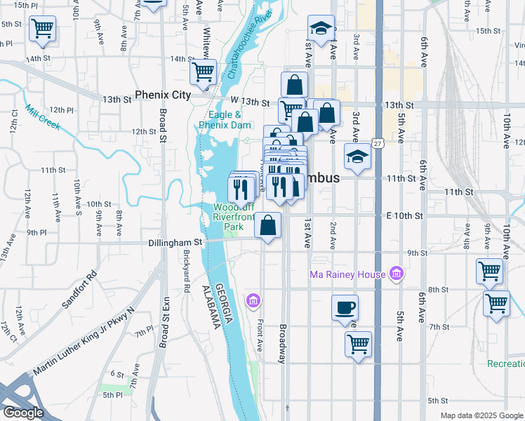 map of restaurants, bars, coffee shops, grocery stores, and more near 1001 Front Avenue in Columbus
