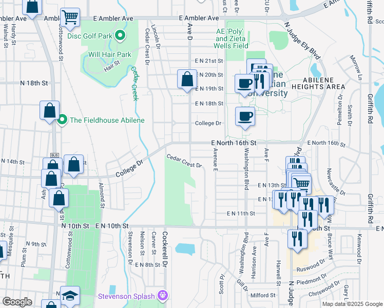map of restaurants, bars, coffee shops, grocery stores, and more near 602 East North 15th Street in Abilene