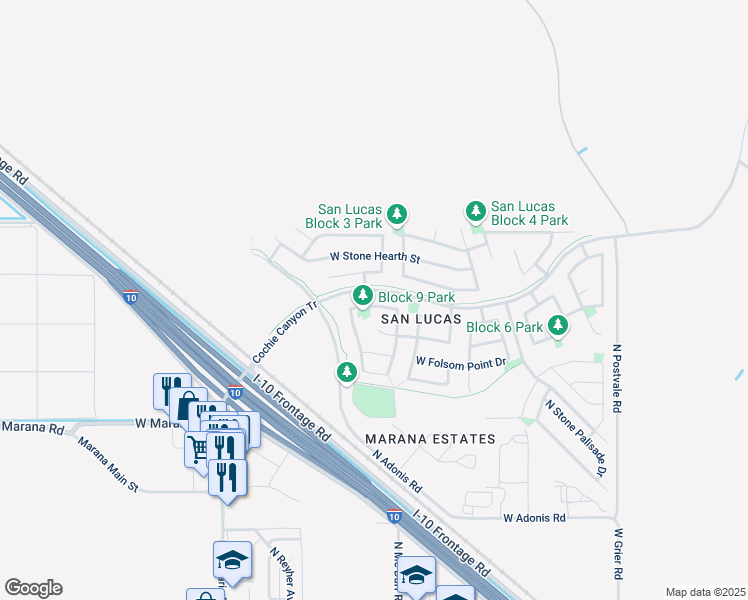 map of restaurants, bars, coffee shops, grocery stores, and more near 11471 West Anasazi Passage Street in Marana