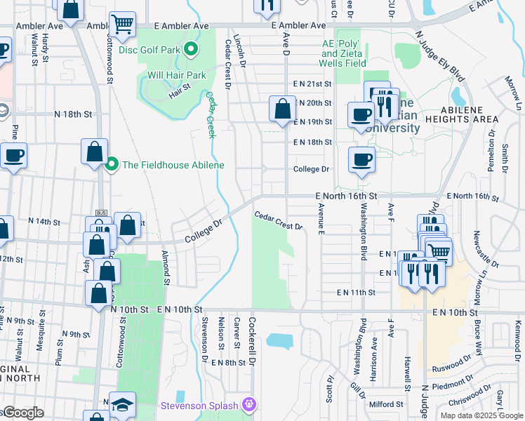 map of restaurants, bars, coffee shops, grocery stores, and more near 1465 Cedar Crest Drive in Abilene
