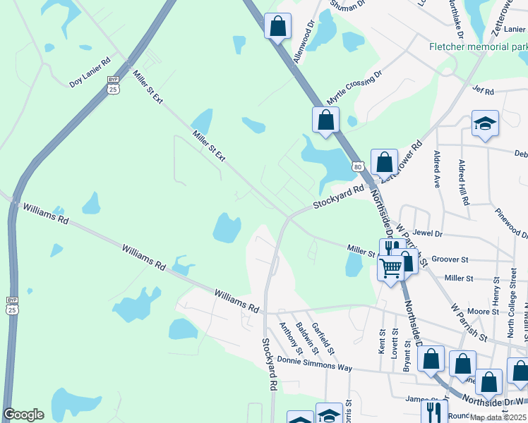 map of restaurants, bars, coffee shops, grocery stores, and more near 588 Miller Street Extension in Statesboro