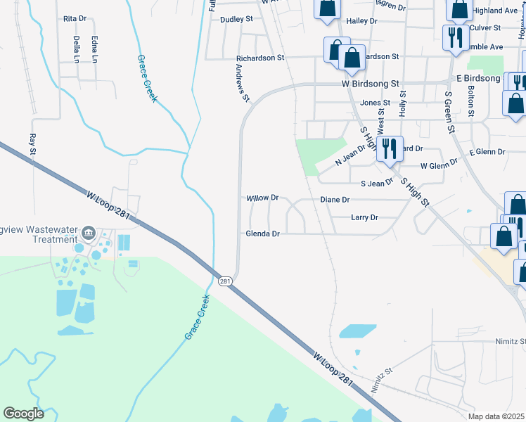 map of restaurants, bars, coffee shops, grocery stores, and more near 709 South Budd Place in Longview
