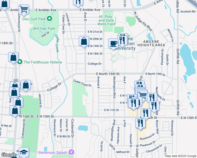 map of restaurants, bars, coffee shops, grocery stores, and more near 693 East North 15th Street in Abilene