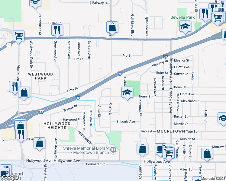 map of restaurants, bars, coffee shops, grocery stores, and more near 4368 Henry Street in Shreveport