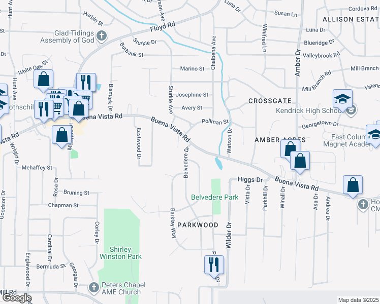 map of restaurants, bars, coffee shops, grocery stores, and more near 897 Baxley Way in Columbus