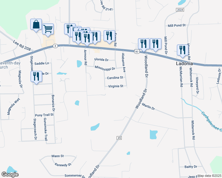 map of restaurants, bars, coffee shops, grocery stores, and more near 11 Virginia Street in Phenix City