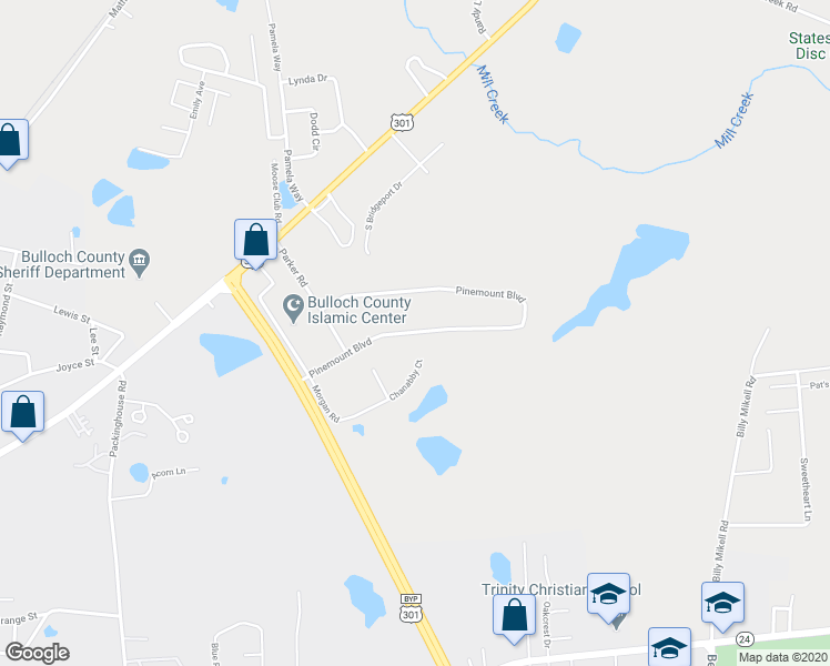 map of restaurants, bars, coffee shops, grocery stores, and more near 2019 Pinemount Boulevard in Statesboro