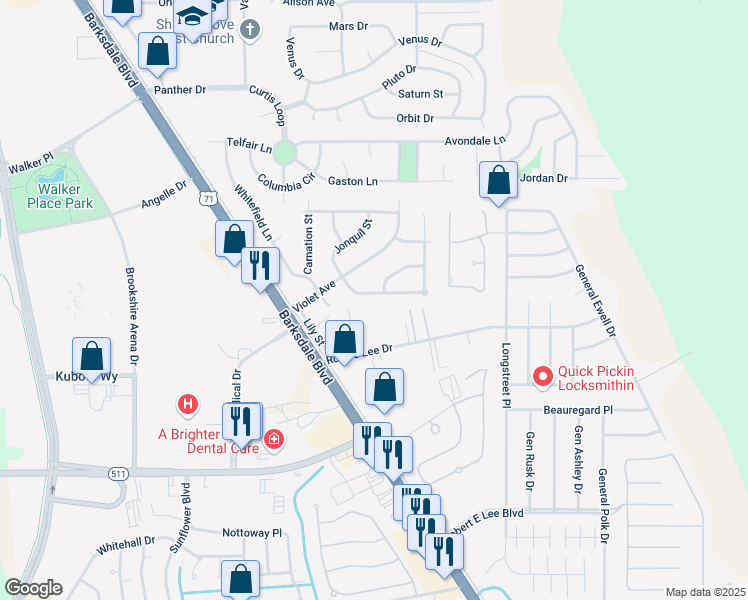 map of restaurants, bars, coffee shops, grocery stores, and more near 1316 South Jonquil Street in Bossier City