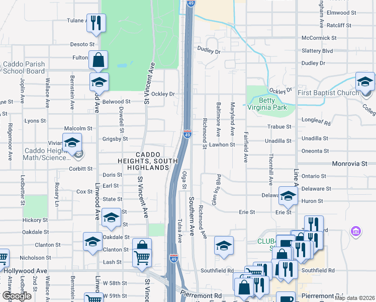map of restaurants, bars, coffee shops, grocery stores, and more near 4144 Southern Avenue in Shreveport