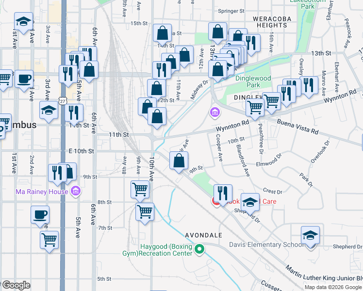 map of restaurants, bars, coffee shops, grocery stores, and more near 10 Adair Court in Columbus