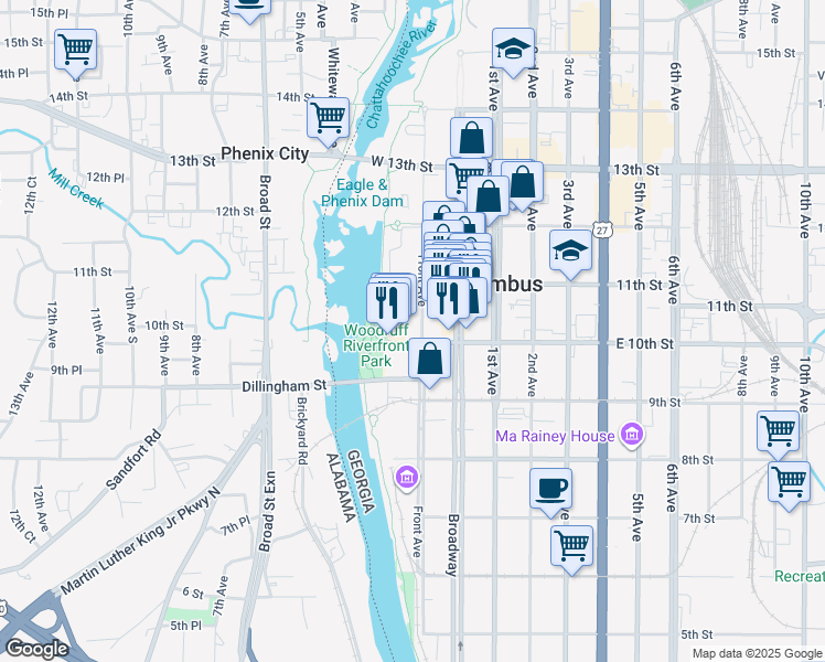 map of restaurants, bars, coffee shops, grocery stores, and more near 1001 Front Avenue in Columbus