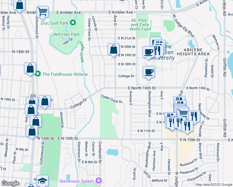 map of restaurants, bars, coffee shops, grocery stores, and more near 1517 Avenue D in Abilene
