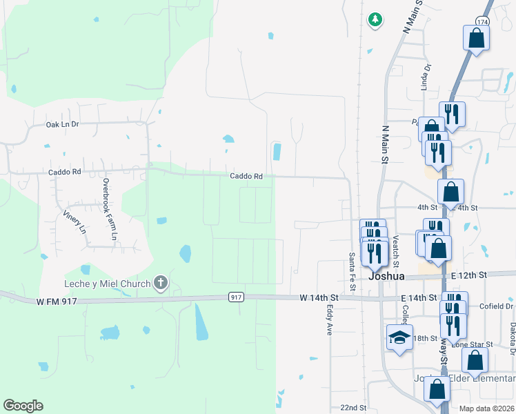 map of restaurants, bars, coffee shops, grocery stores, and more near 158 Caddo Road in Joshua