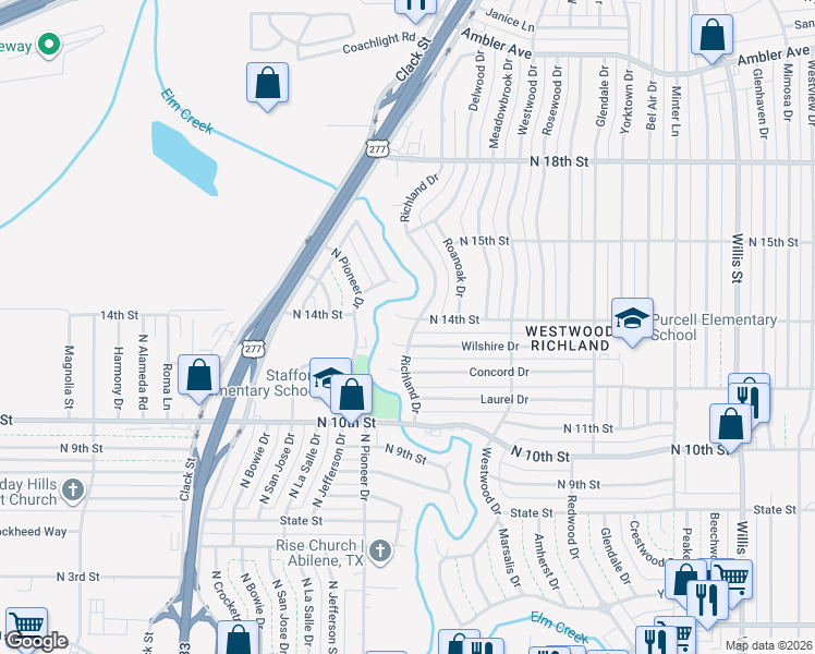 map of restaurants, bars, coffee shops, grocery stores, and more near 4073 Wilshire Drive in Abilene