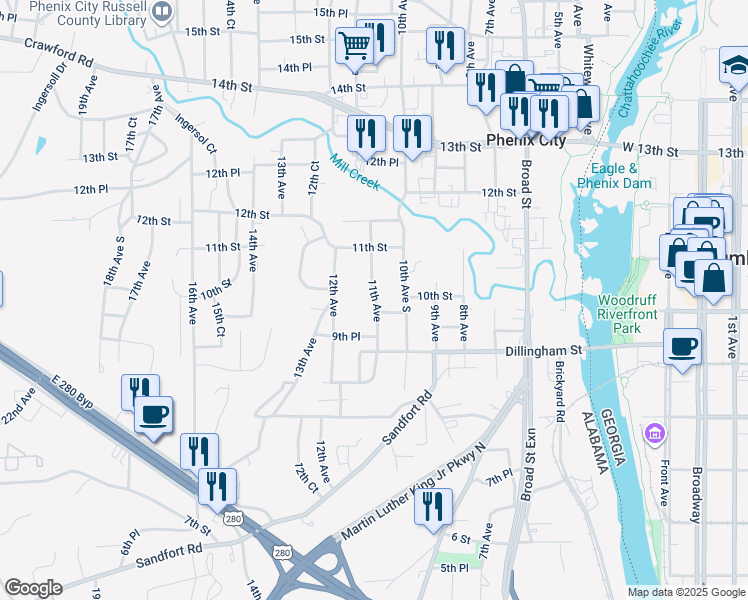 map of restaurants, bars, coffee shops, grocery stores, and more near 1108 9th Place in Phenix City