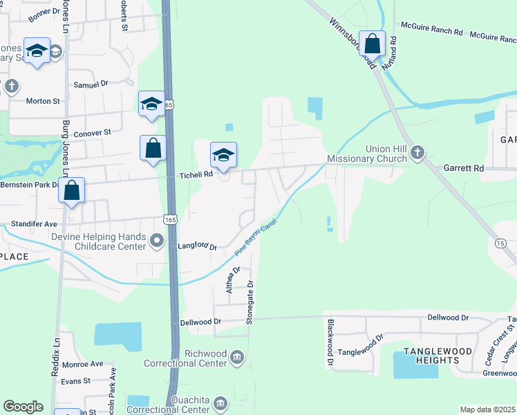 map of restaurants, bars, coffee shops, grocery stores, and more near 46 Langford Drive in Monroe