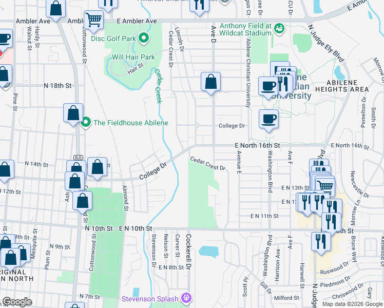 map of restaurants, bars, coffee shops, grocery stores, and more near 1517 Cedar Crest Drive in Abilene
