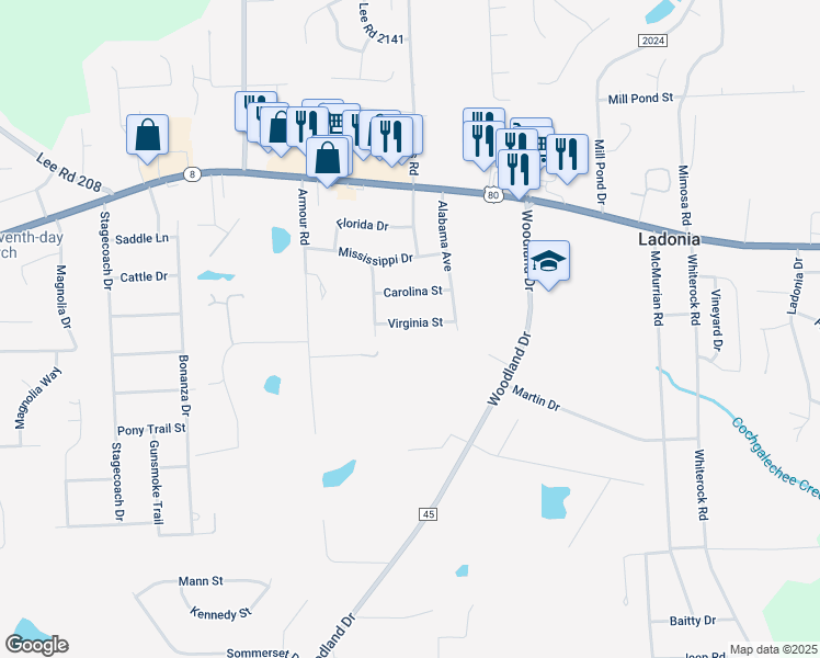 map of restaurants, bars, coffee shops, grocery stores, and more near 11 Virginia Street in Phenix City