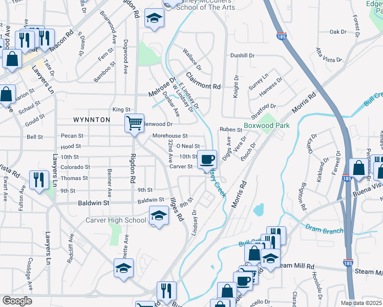 map of restaurants, bars, coffee shops, grocery stores, and more near 3321 Carver Street in Columbus