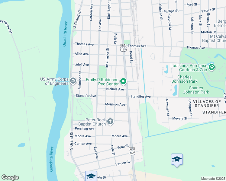 map of restaurants, bars, coffee shops, grocery stores, and more near 614 Standifer Ave in Monroe