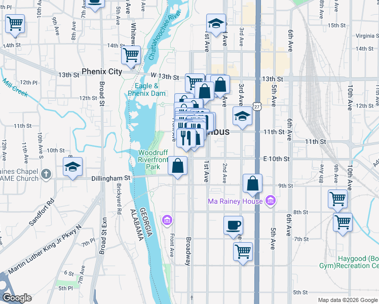 map of restaurants, bars, coffee shops, grocery stores, and more near 1009 Broadway in Columbus