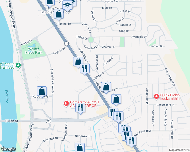 map of restaurants, bars, coffee shops, grocery stores, and more near 1103 Violet Avenue in Bossier City