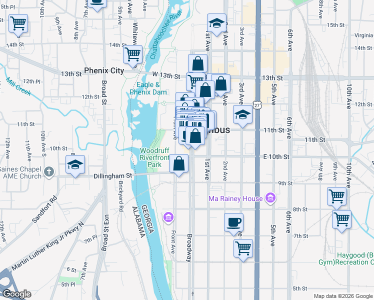map of restaurants, bars, coffee shops, grocery stores, and more near 1009 Broadway in Columbus