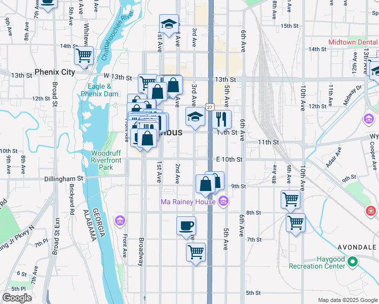 map of restaurants, bars, coffee shops, grocery stores, and more near 1011 3rd Avenue in Columbus